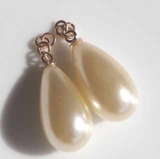 VINTAGE GORGEOUS 14K LARGE GOLDEN TEAR DROP MAJORCA SHINY PEARL EARRINGS JACKETS 6