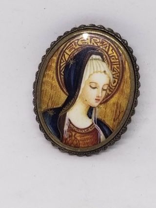 Vintage 800 Silver Hand Painted Gold Gilt Catholic Brooch Pendant Pin