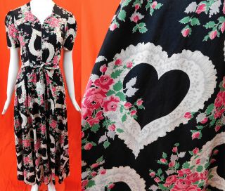 Vintage Monte Carlo Fashions Black Cotton Pink Roses Hearts Print Maxi Dress