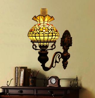 Makenier Vintage Tiffany Style Stained Glass Oil - lamp - shaped Wall Lamp Fixture 2