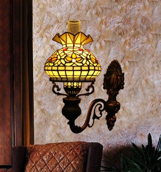 Makenier Vintage Tiffany Style Stained Glass Oil - lamp - shaped Wall Lamp Fixture 3
