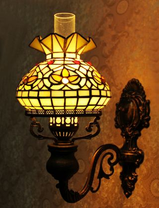 Makenier Vintage Tiffany Style Stained Glass Oil - lamp - shaped Wall Lamp Fixture 4