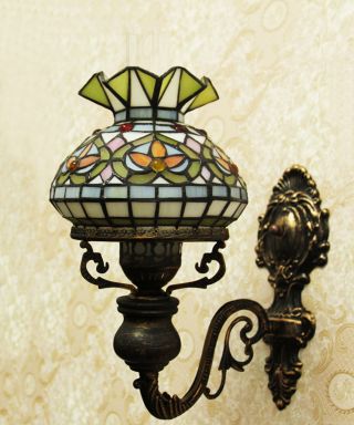 Makenier Vintage Tiffany Style Stained Glass Oil - lamp - shaped Wall Lamp Fixture 5