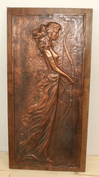 Vintage Hand Made Wall Hanging Copper/wood Plaque Diana Goddess Woman Archer