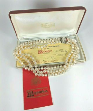 1960s Vintage Majorica Pearl Triple Strand Necklace Boxed & Guarantee