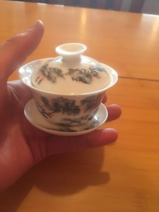 Vintage Chinese Tea Cup With Dish And Cover Set Beautifully Hand Painted.