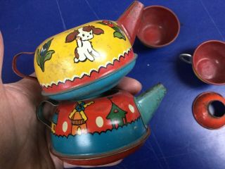 Shabby 1930’s Ohio Art Tin Litho Teapot Tea Set Cup & Saucer
