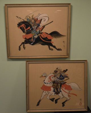 Vintage Japanese Samurai Silk Painting Pair 1940s Framed Japan Signed