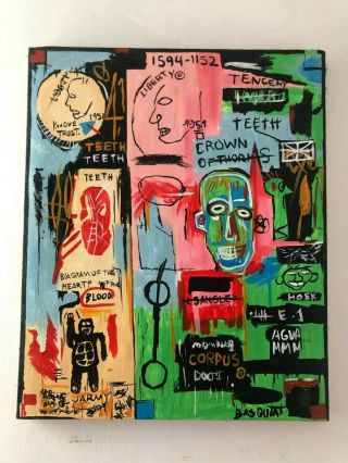 Jean Michel Basquiat Oil Painting On Canvas Signed Rare 19.  5  X 24