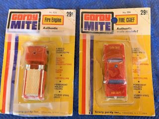 2 Vintage Gordy Mite Vehicles Fire Engine & Fire Chief (packages Have Been Taped