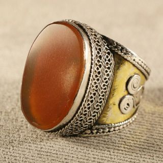 Vintage Ring Sterling Silver & Gold Huge Carnelian Bali Intricate Boho 10.  75