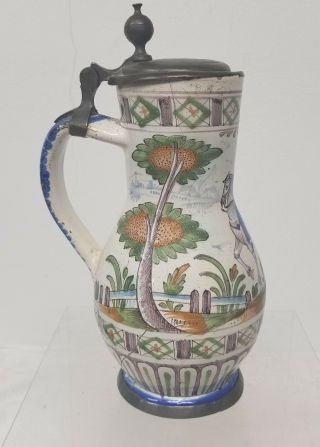 Antique French Signed Majolica Maiolica Faience Pitcher Jug Pewter 2