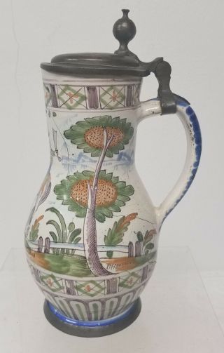 Antique French Signed Majolica Maiolica Faience Pitcher Jug Pewter 4