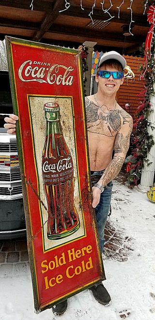 Vintage Early Rare Coca Cola Soda Pop Metal Vertical Bottle Sign Coke 54x18 Wow