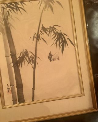 Vtg Framed Asian Chinese Japanese Watercolor on Silk Bird Bamboo Signed 2