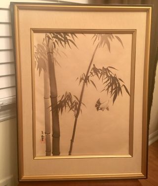 Vtg Framed Asian Chinese Japanese Watercolor on Silk Bird Bamboo Signed 3
