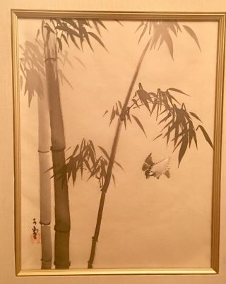 Vtg Framed Asian Chinese Japanese Watercolor on Silk Bird Bamboo Signed 4