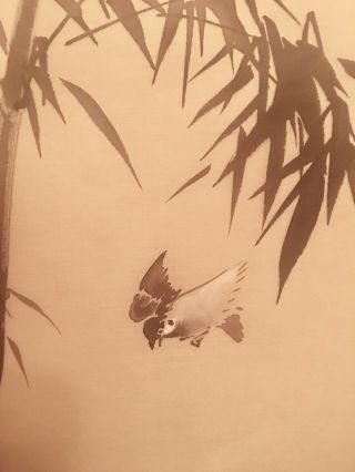 Vtg Framed Asian Chinese Japanese Watercolor on Silk Bird Bamboo Signed 5