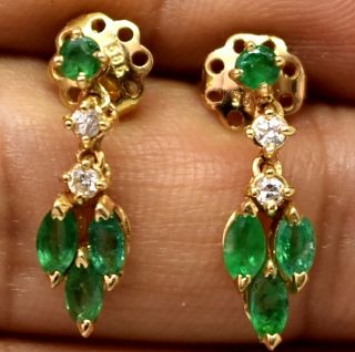 Vintage 14k Solid Gold,  Diamonds And Natural Emerald Earrings