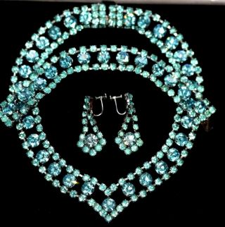 Vintage Aquamarine Light Blue 1950s Necklace Earrings Bracelet Set Rhinestone