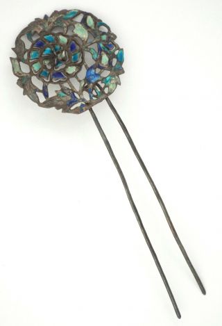 Antique Oriental W/ Enamel Flowers Silver Hair Pin / Comb