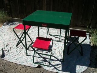 Vintage Coleman Portable Picnic Camping Table 4 Stools Chairs Folding