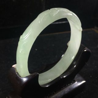 55.  7mm Chinese Old Jadeite Bangle Hand - Carved Flower Design Jade Bracelet O047