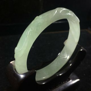 55.  7mm Chinese Old jadeite bangle hand - carved flower design jade Bracelet O047 4