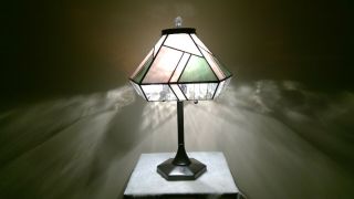Vintage Mission - Style Stained Glass Shade On Black Metal Mission Base Lamp