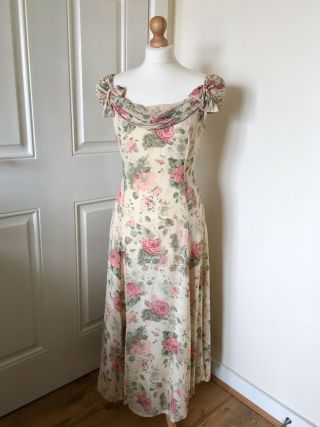 Vintage Laura Ashley 100 Silk Sz 14 / 16 Floral Off Shoulder Maxi Dress Wedding 3