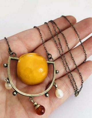 Art Deco Silver Amber Necklace,  Pearl,  Sterling,  925,  Butterscotch
