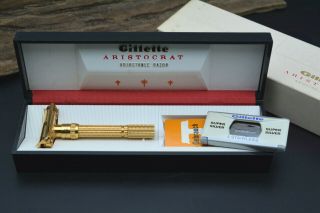 Vintage Gillette 1964 Gold Aristocrat Safety Razor Adjustable 1 - 9 Boxed