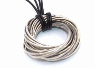 Vtg Modernist 21 Sterling Silver Interlocking Rings Pendant W.  Leather Necklace