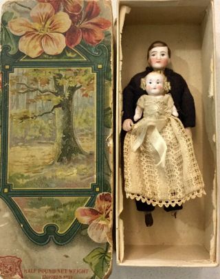 Antique German Bisque Gentleman Papa Dollhouse Doll & Baby In Lace Gown Vintage