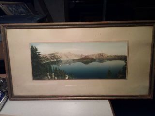 Antique Panoramic Hand Tinted Photo In Frame Crater Lake Oregon Signed Patterson