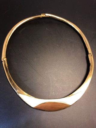Signed Lanvin Paris Vintage Choker Necklace Gold Plated White Enamel Modernist