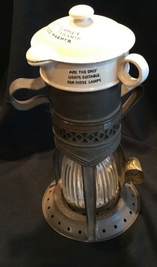 Nr Clarke’s Pyramid Food Warmer Tin & Pottery Antique Miniature Oil Lamp