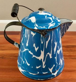 Vintage Blue & White Swirl Enamelware Coffee Pot Granitewere Pitcher