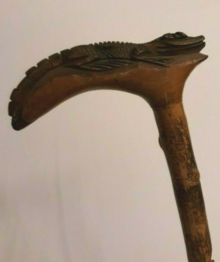 Fine American Antique Walking Stick Cane With 2 Alligators Or Crocodiles Handle