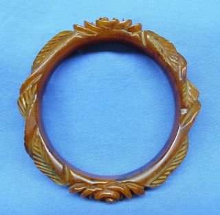 Vintage Bakelite Bracelet Deeply Carved Bangle Dark Amber Color