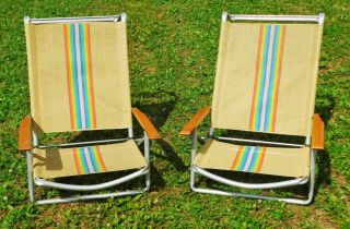 Vintage Aluminum Webbed Rainbow Folding Adjustable Beach Chairs