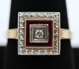 Art Deco Vintage 10k Yellow & White Gold Diamond & Red Stone Size 10 Ring