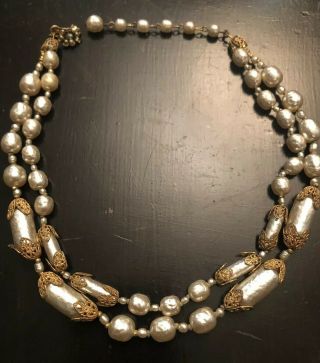 Vtg Miriam Haskell Signed Double Strand Baroque Pearl Filigree Necklace Stunning