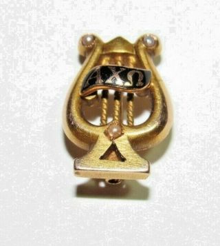 Vintage Alpha Chi Omega Lyre Sorority Pin 14k With Three Seed Pearls