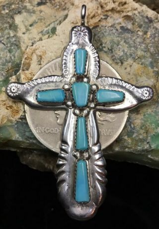 Large Vintage Zuni Sterling Silver & Turquoise “lupe Iule” Cross Pendant,  24.  6g