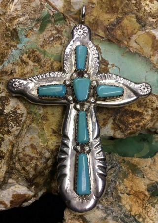 LARGE Vintage Zuni Sterling Silver & Turquoise “Lupe Iule” Cross Pendant,  24.  6g 2