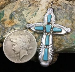 LARGE Vintage Zuni Sterling Silver & Turquoise “Lupe Iule” Cross Pendant,  24.  6g 4