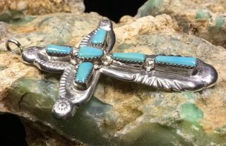LARGE Vintage Zuni Sterling Silver & Turquoise “Lupe Iule” Cross Pendant,  24.  6g 5