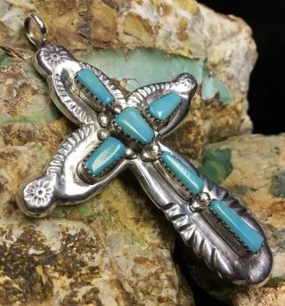 LARGE Vintage Zuni Sterling Silver & Turquoise “Lupe Iule” Cross Pendant,  24.  6g 6