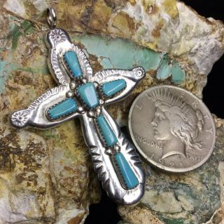 LARGE Vintage Zuni Sterling Silver & Turquoise “Lupe Iule” Cross Pendant,  24.  6g 7